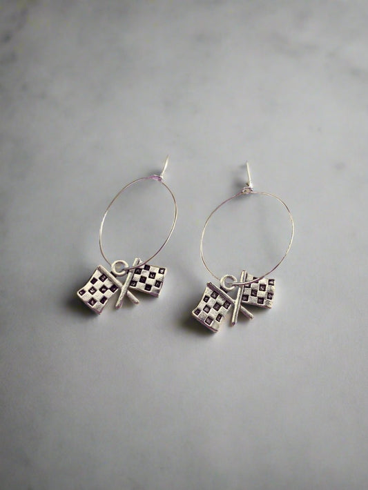 Racing Chequered Flag Earrings with silver-plated hoops and hooks
