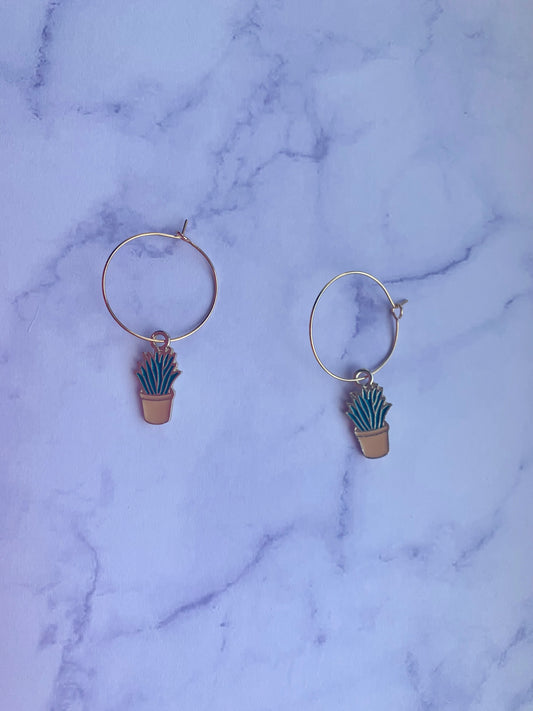 Spiky dark green house plant in yellow pot enamel charms on gold plated hoop earrings. house plant. nature earrings. gold earrings. hoop earrings