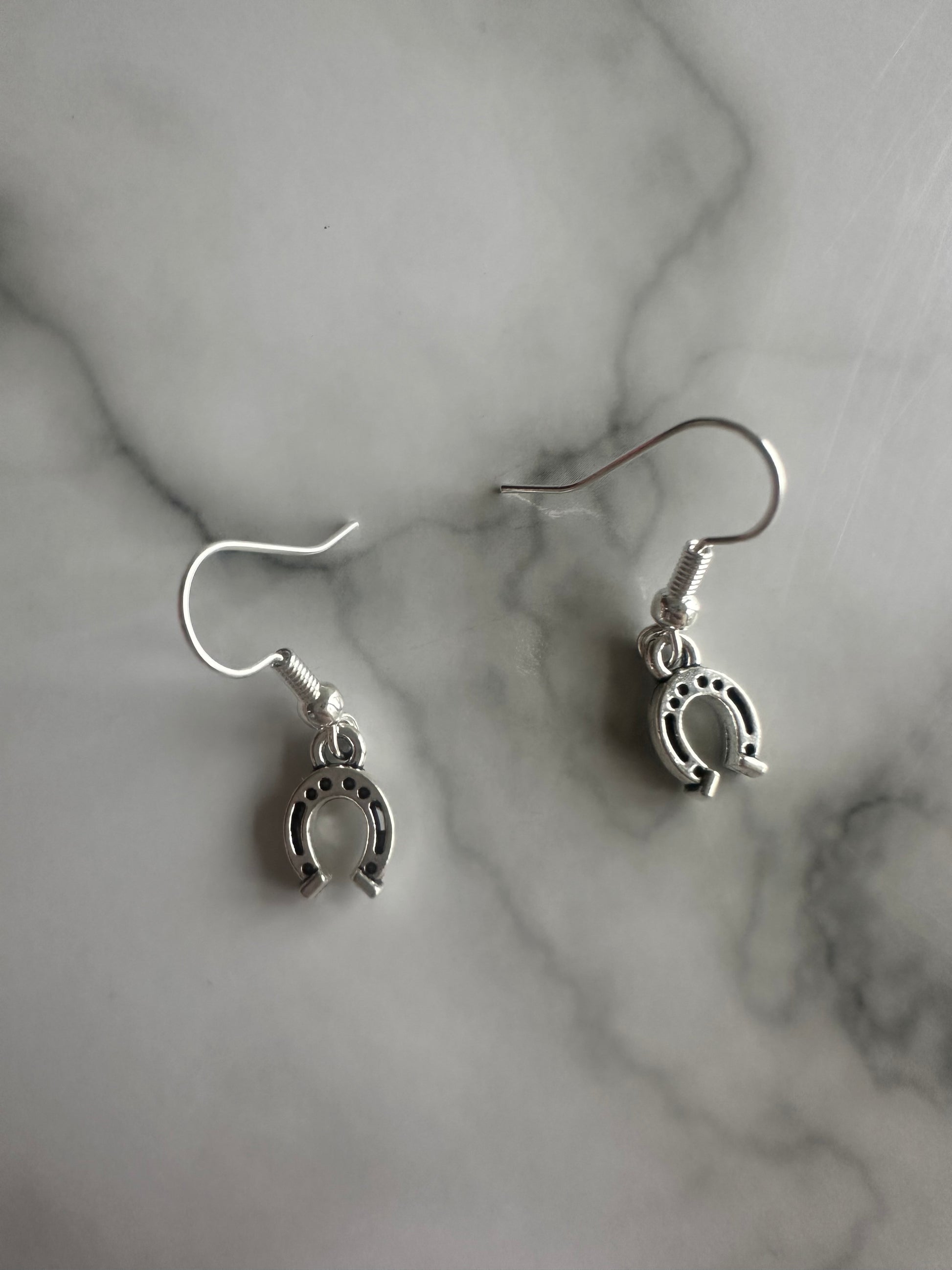 Rustic horseshoe earrings on hooks, ideal for country western fashion, cowboy-themed events, and good luck gifts.