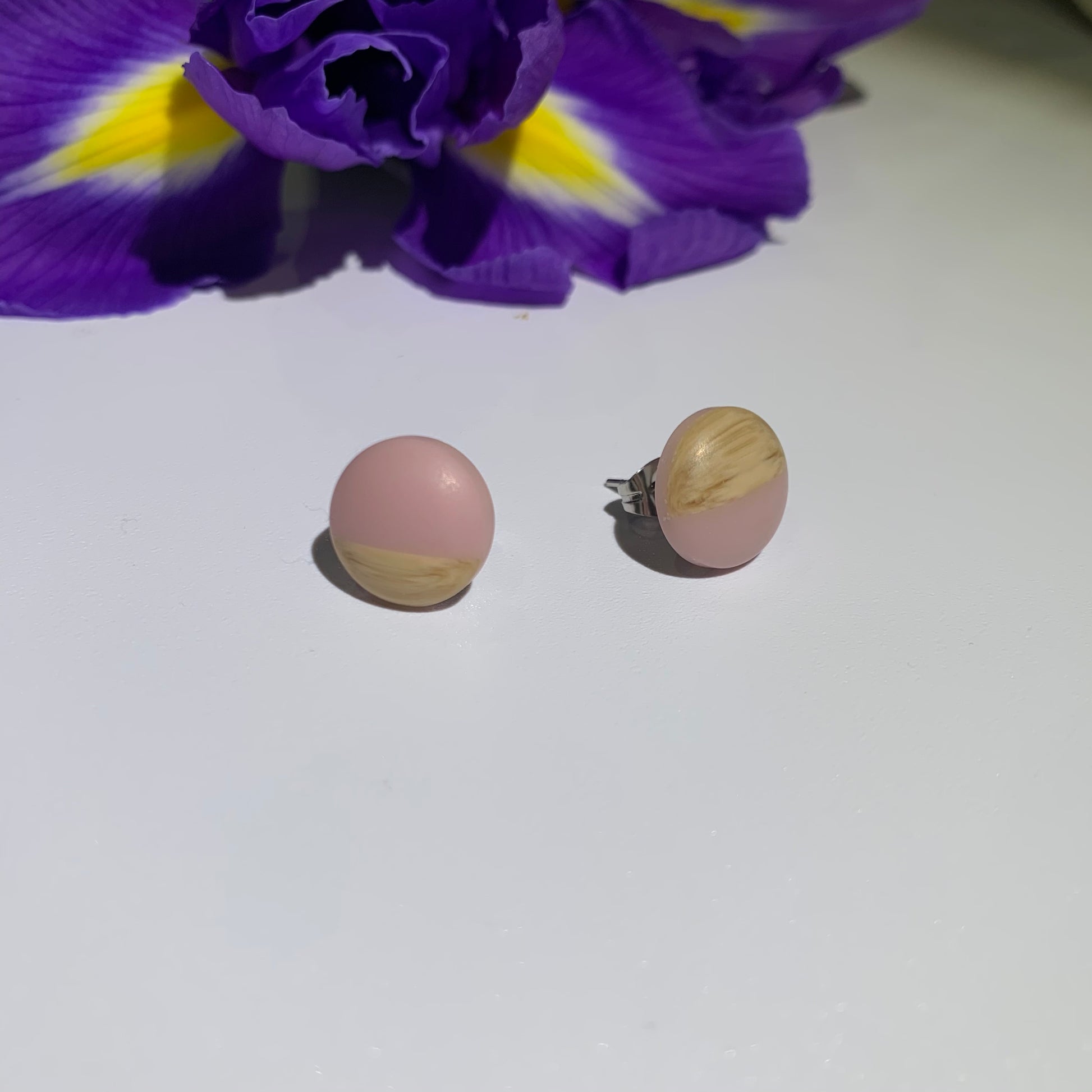 Stud Earrings. Half wooden and half pastel coloured resin stud earrings. Cute earrings. Pastel earrings. Earrings for women.  Pale Pink Earrings 
