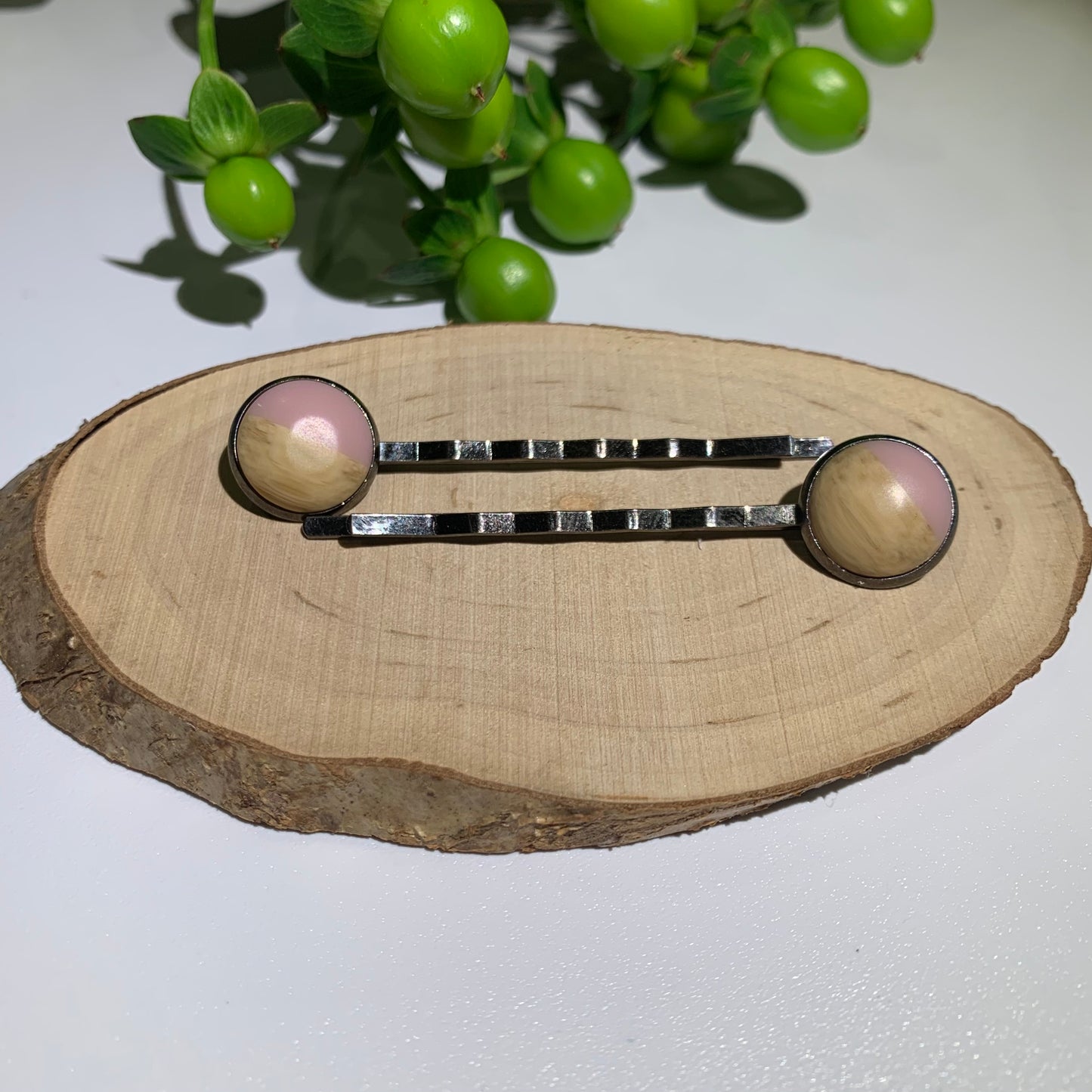 Pale Pink and Wood 12mm hair grips. 