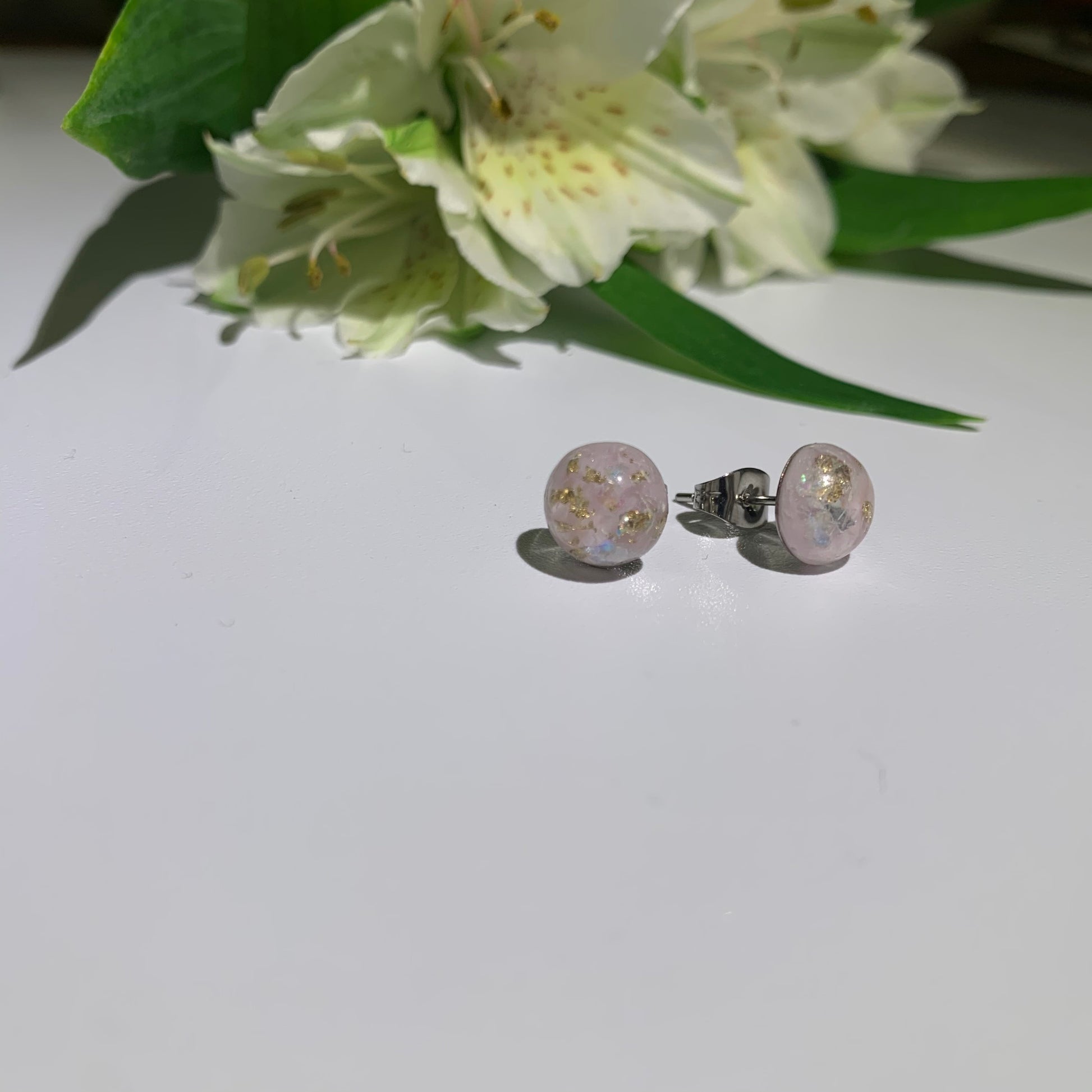 Pale Pink 8mm Resin Cabachon with Gold Lead Speckled throughout on stainless steel studs. Stud Earrings. Pretty Earrings. 