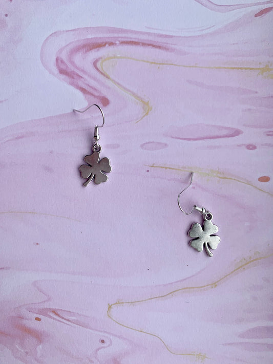 Lucky earrings. irish earrings. dangle earrings. Silver coloured alloy shamrock charm on silver plated hooks. st patricks day earrings. four leaf clover 